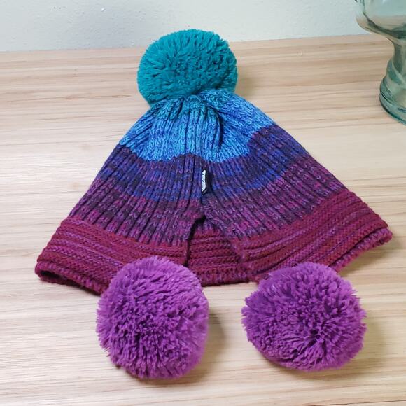 Muk Luks Big Pom Beanie‎ Hat Chunky Knit Purple Blue Ombre Whimsical Winter Cap - Picture 8 of 8